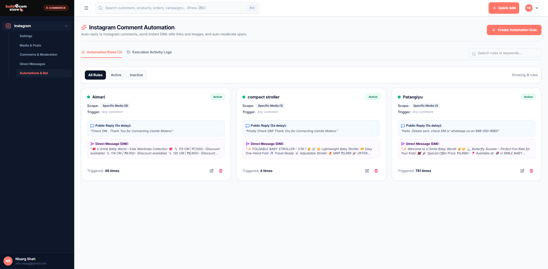 Instagram Comment Automation Rules Dashboard