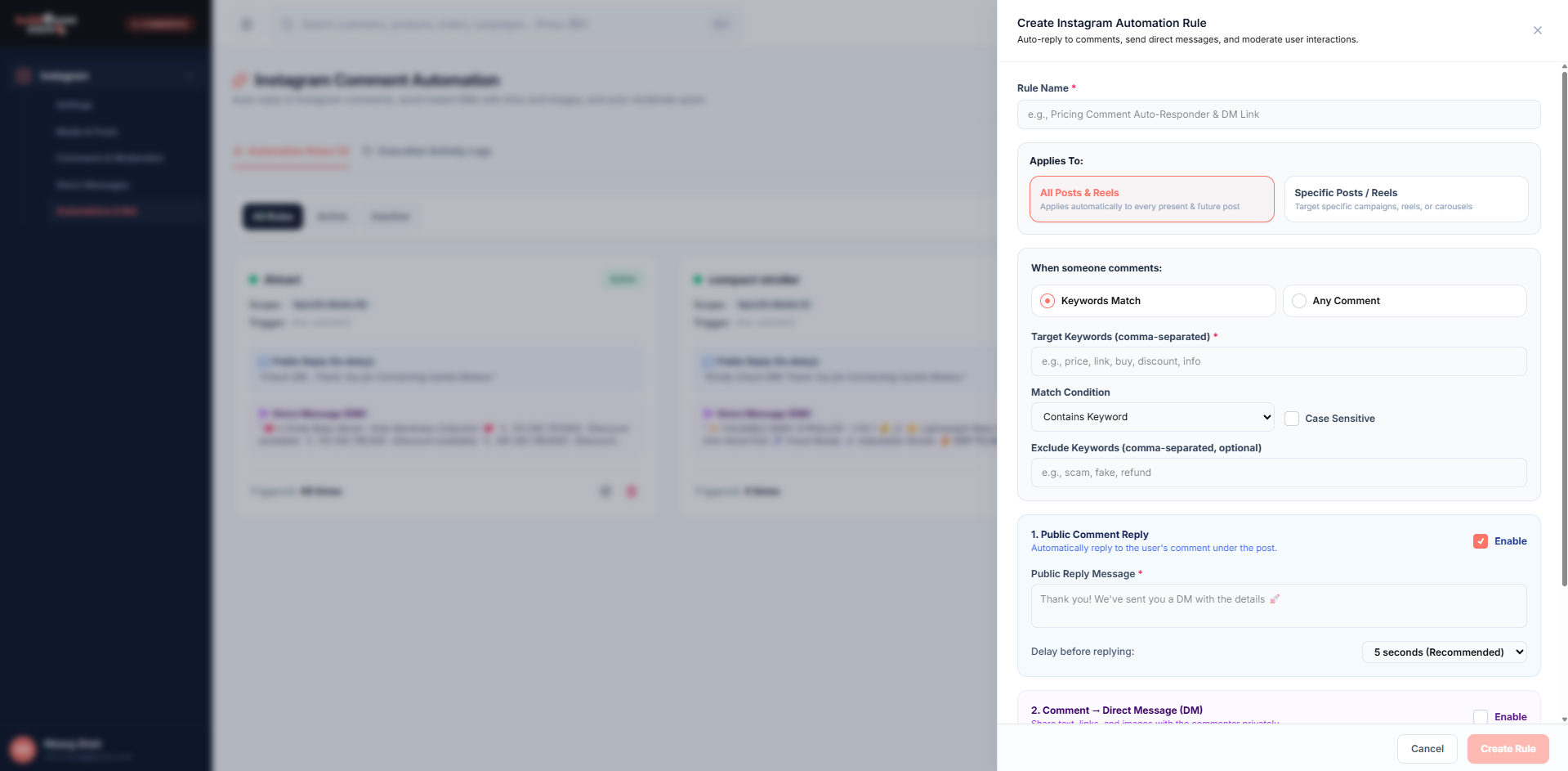 Create Instagram Automation Rule Builder