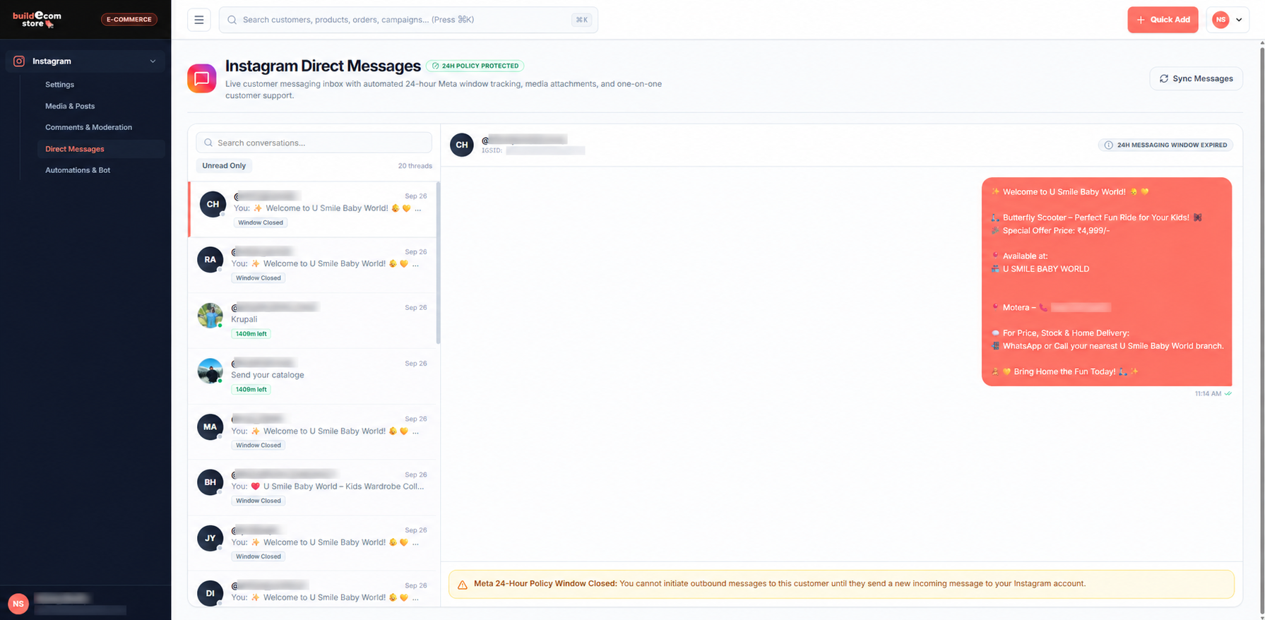 Instagram Direct Messages Inbox with 24-Hour Policy Window Tracking
